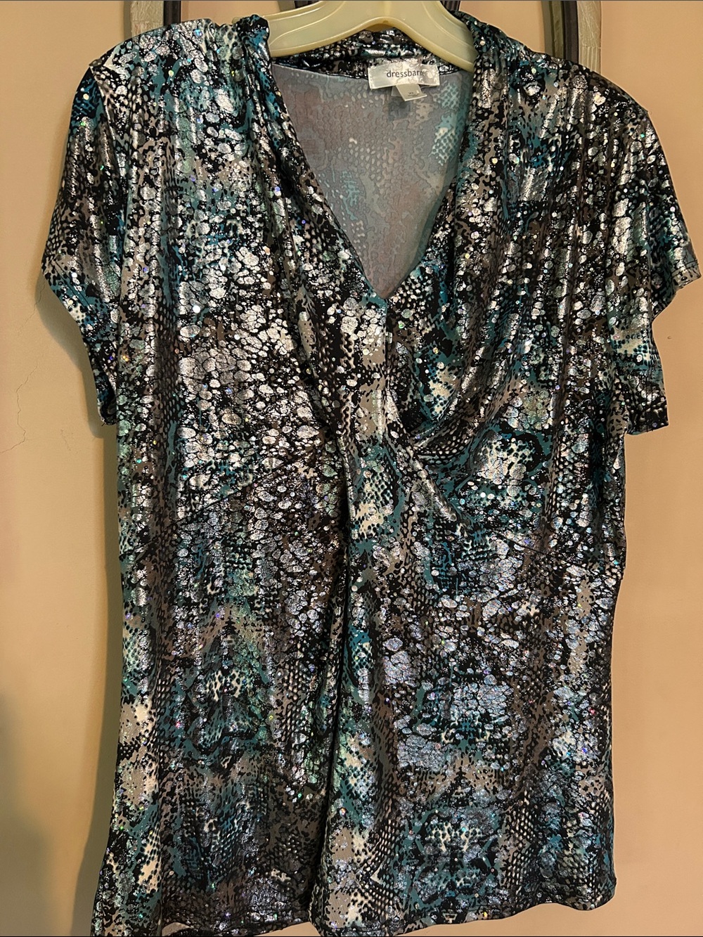 dressbarn Teal, Black and White Abstract V-Neck Top